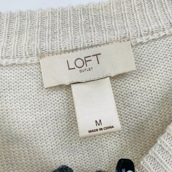 LOFT Size Medium Oatmeal Cream Tie Sleeve Thin Knit Sweater Top - Picture 6 of 9